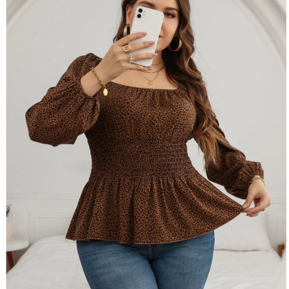 Leopard Print Lantern Sleeve Blouse - Picture 1 of 6